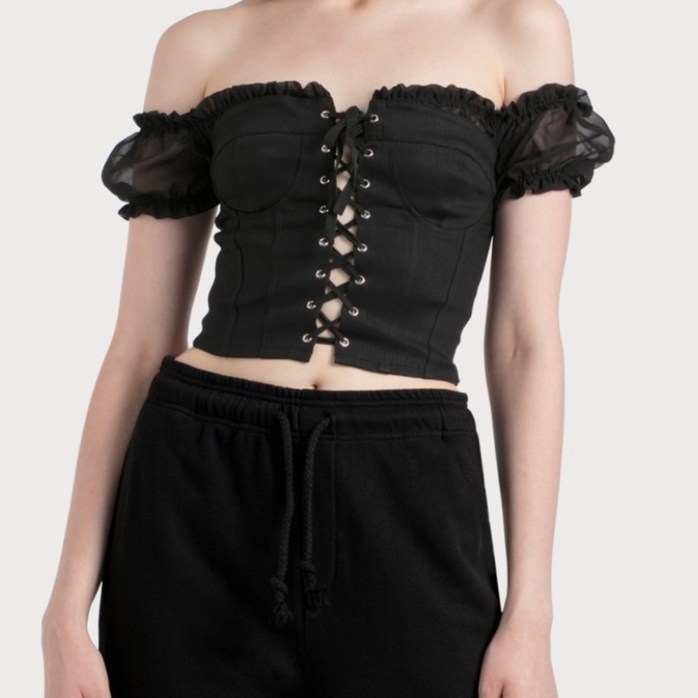 I AM GIA black off shoulder lace up crop top